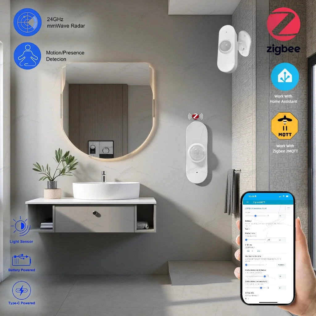 24G زيجبي MmWave مستشعر حركة الوجود البشري مع الإنارة/كشف درجة الحرارة والرطوبة مساعد المنزل أتمتة ل 2MQTT