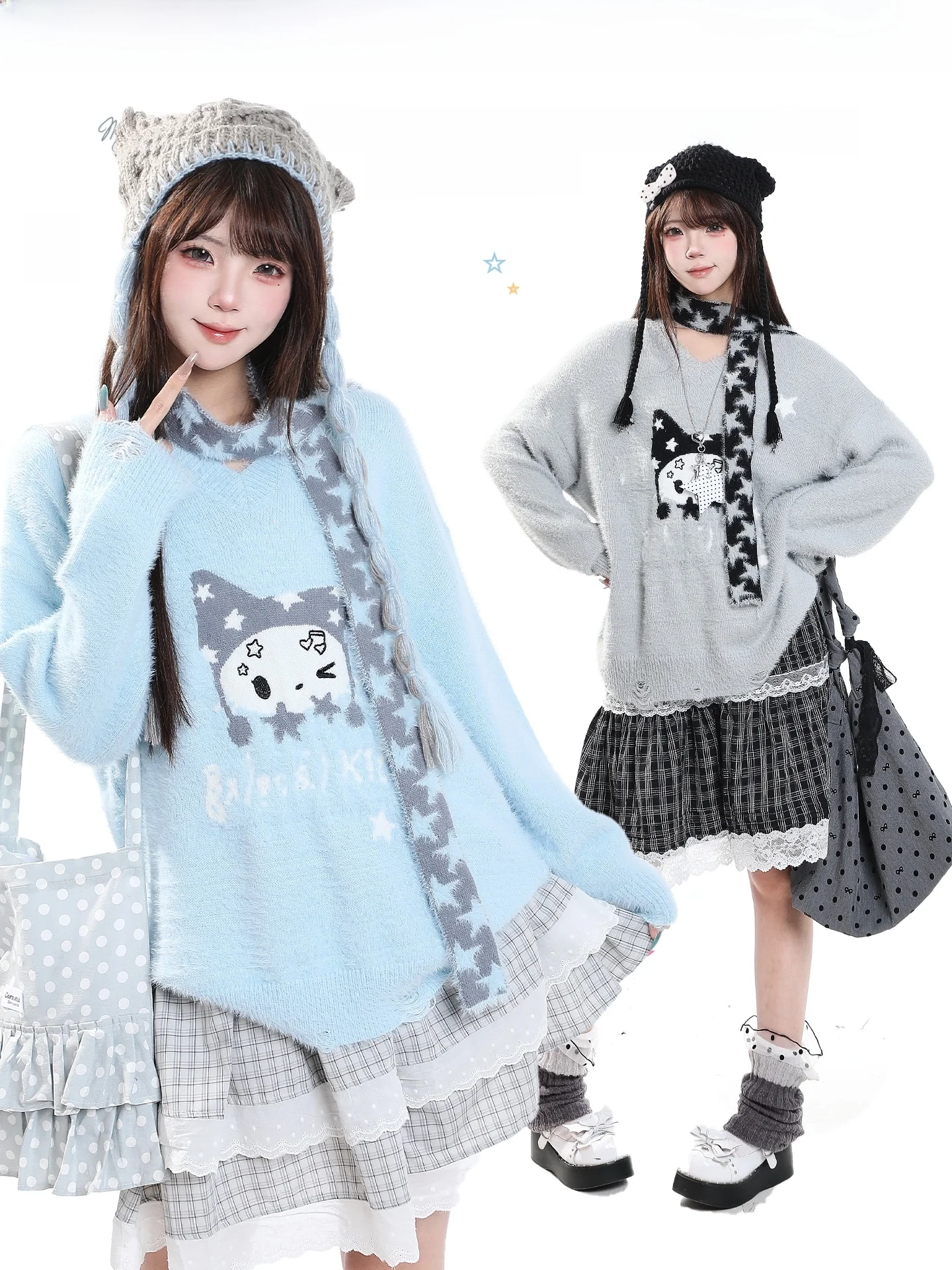 Adorable  Pattern Knitted Scarf V-Neck Soft Sweet Anti-Aging Beautiful Women's Sweater Loose Fit Autumn Fashion Ladies' Kn...
