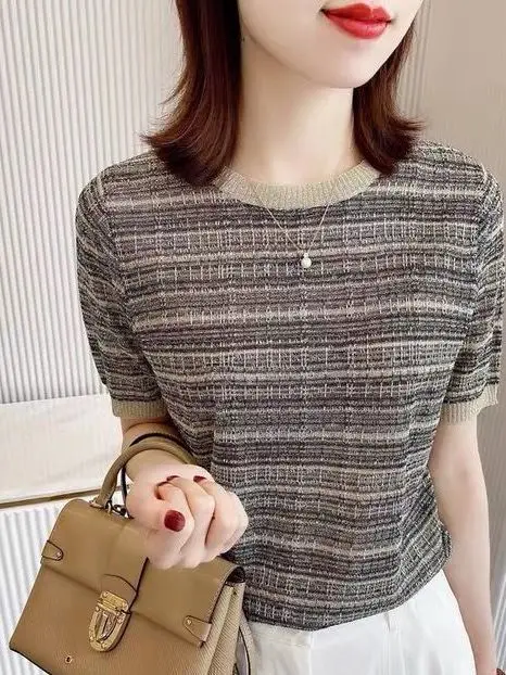 Camiseta de punto ort Sve de seda de hielo Ne redonda a rayas para primavera y verano para mujer, Top informal cómodo y transpirable