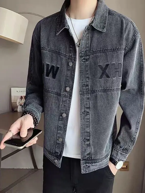 

Sli Slim Fit Men's Denim Jaet Spring Autumn New Hong Kong Sle Trendy Embroidery Versatile Jaet for Teenagers