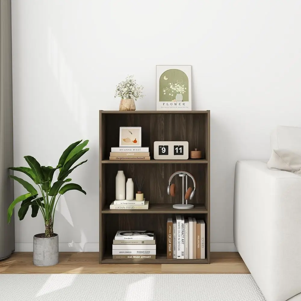 

3 Tier Wood ern Bookshel, Wooden Book Shel with Three Display Shelves, Open Shel Bookcase or Bedroom, Living Room, k Brown