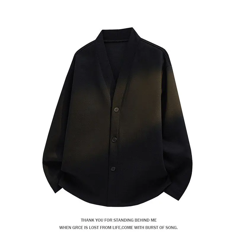 

Мужская толстовка-куртка свободного кроя в японском стиле с V-образным вырезом и длинными рукавами, однотонная, на пуговицах, повседневная, унисекс, для осени и весны