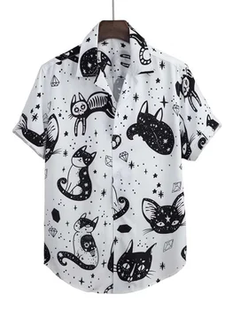 Cat Print Cubaanse Kraag Shirts Voor Heren Zomer Vintage Elementen Shirt Hawaii Strand Herenkleding Outdoor Straat Losse Top