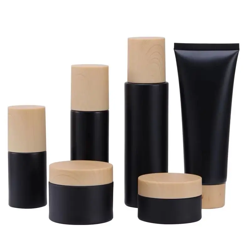 

10Pcs Glass Perfume Spray Bottle 30/60/100ml Matte Black Cylinder 30/50G Cosmetic Cream Jars False Wood Lid Lotion Pump Bottles