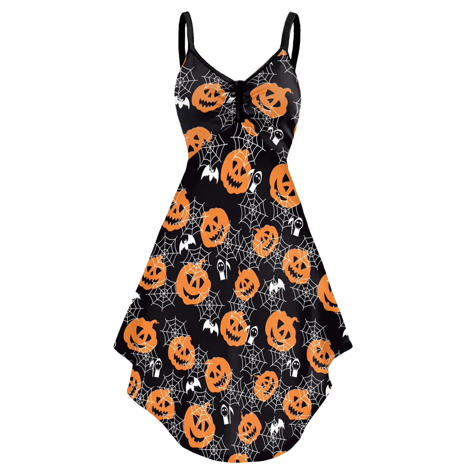 Color Cosplayer Pumpkin Pattern V Neck Dresses Women Halloween Cosplay Costume Festival Gown Fancy Witch Party Slip Dress