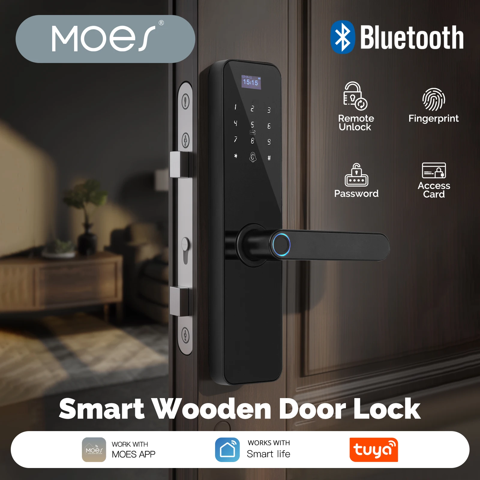 

MOES Bluetooth Smart Wooden Door Lock Indoor Password Fingerprint Remote Unlock Keycard With Screen Tamper Alarm Battery Powered