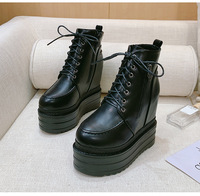 14CM Punk Ankle Boots Metal Decor Shoes Fashion Gothic Boots Lace Up Black Chunky Boots Wedges Platform Shoes Woman Botas Mujer