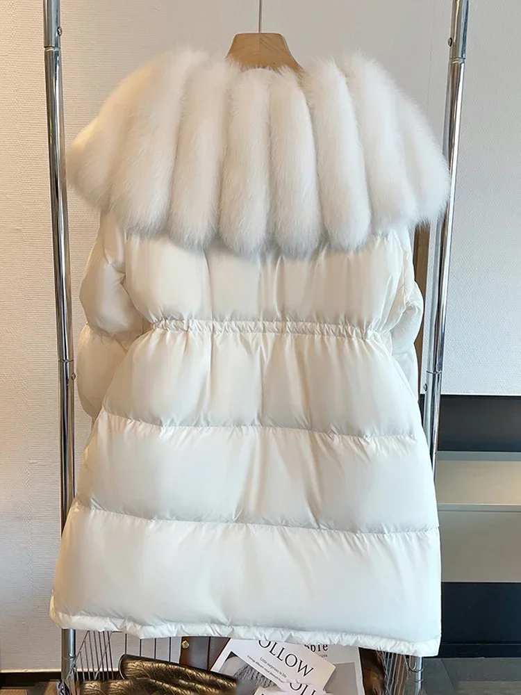 2023 New Winter Women White Goose Down Jacket Natural Real Collar Thick Warm Fur Parka Loose Coat