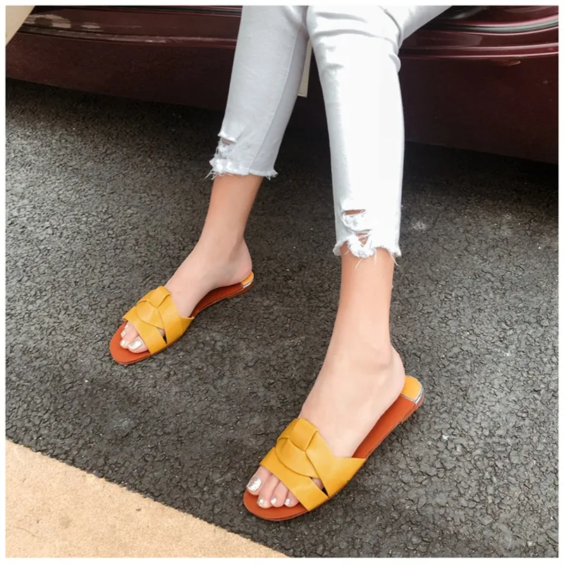 Women\'s Flat Bottom Sandals Summer New Leather Cross Decoration Flat-Heeled Wine Red Lazy Slippers Zapados Mujer