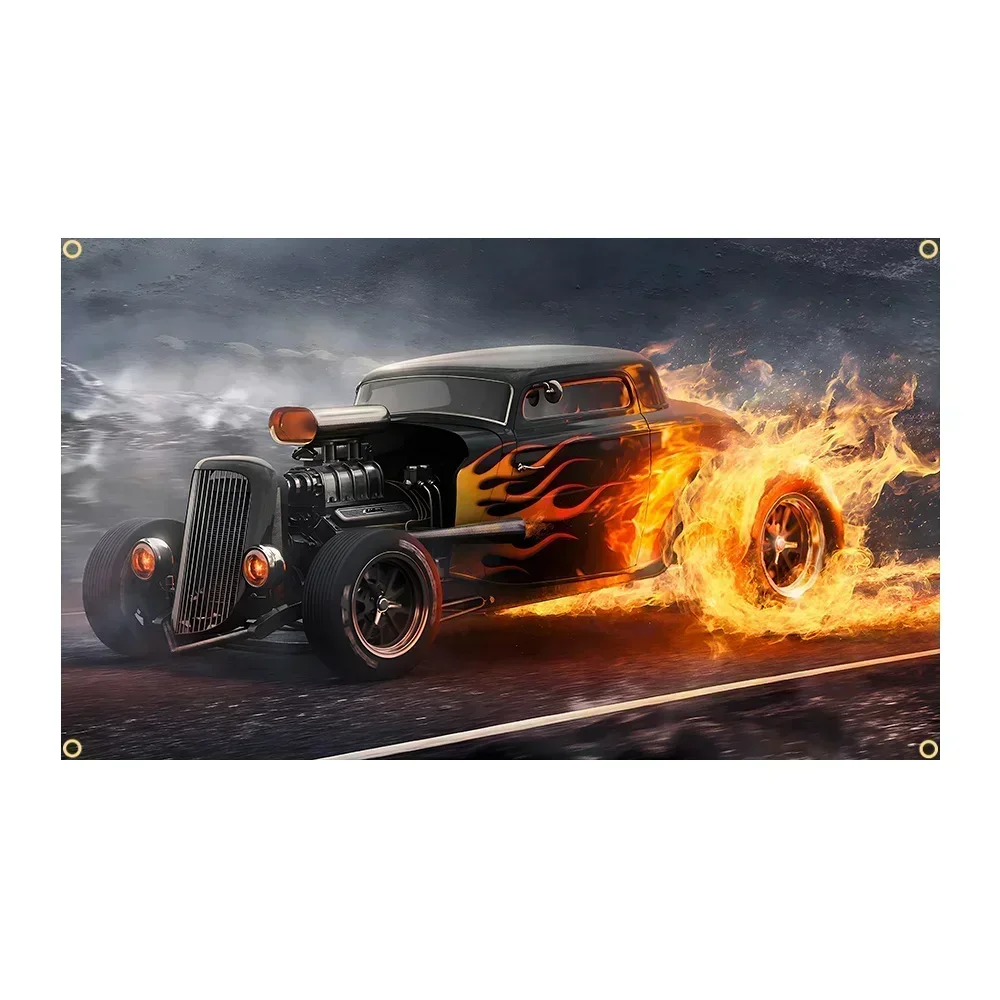 3x5 Ft Printed Flag Hot Rod Flame Vintage Car Flag Polyester Printed Auto Banner Garage or Bedroom For Decoration Banner