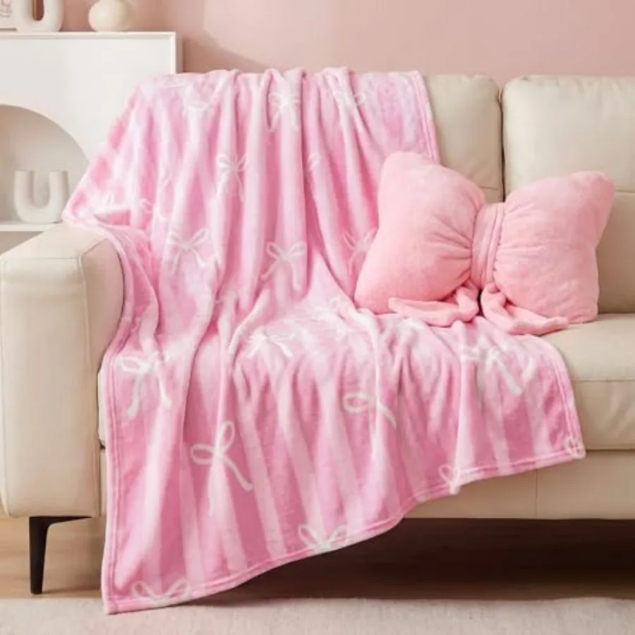 2 Pcs Pink Bow Plush Pillow and Throw Blanket Set Include 40x50 Inch Soft Bowknot Flannel Blanket Fluffy Aesthetic Bow Stuffed
