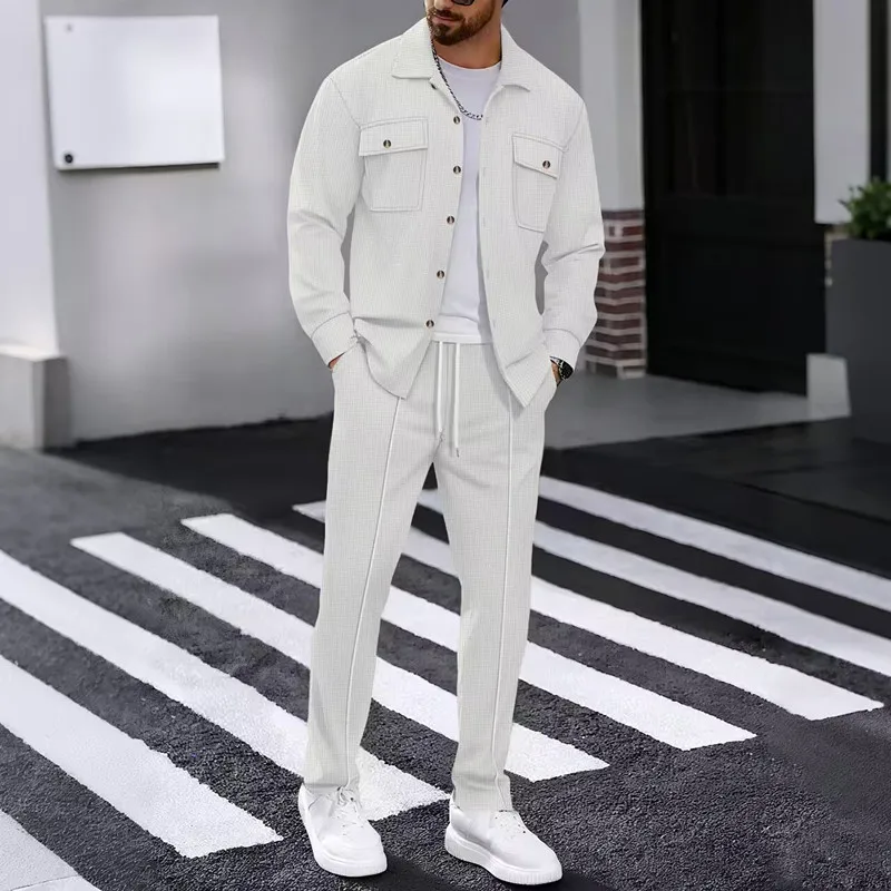 Men's Spring and Autumn Hot Style New Solid Color Button Pocket Shirt Long Sleeve Long Pants Two Piece Set - view 4