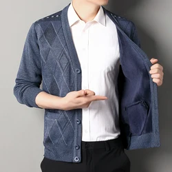 Men's Fashion Cardigan Fleece Lined Sweater Coat V-neck Men's Velvet Knit Sweaters Jacket Luxury Full Zipper Jumpers Coat