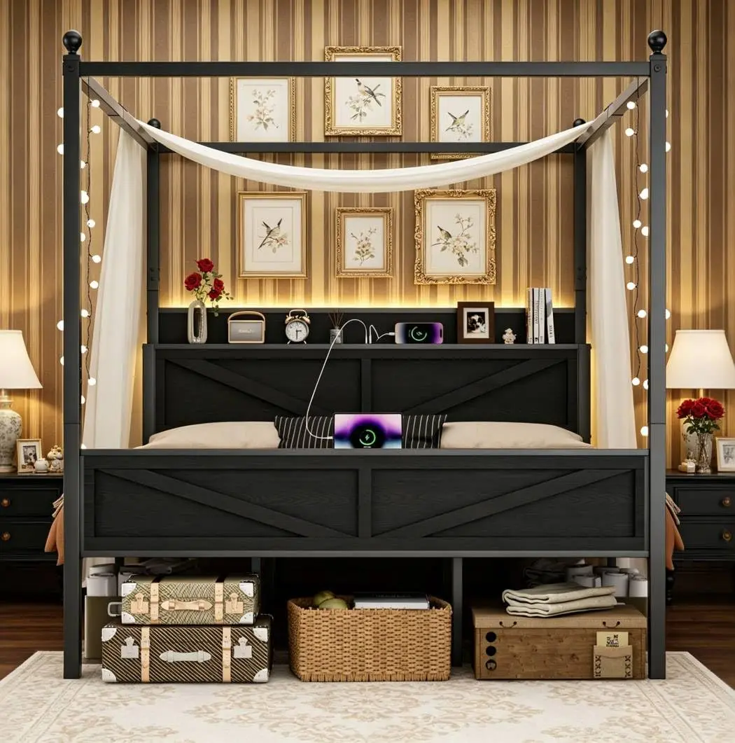 King Canopy Bed Frame Storage Headboard Metal Platform, Customized