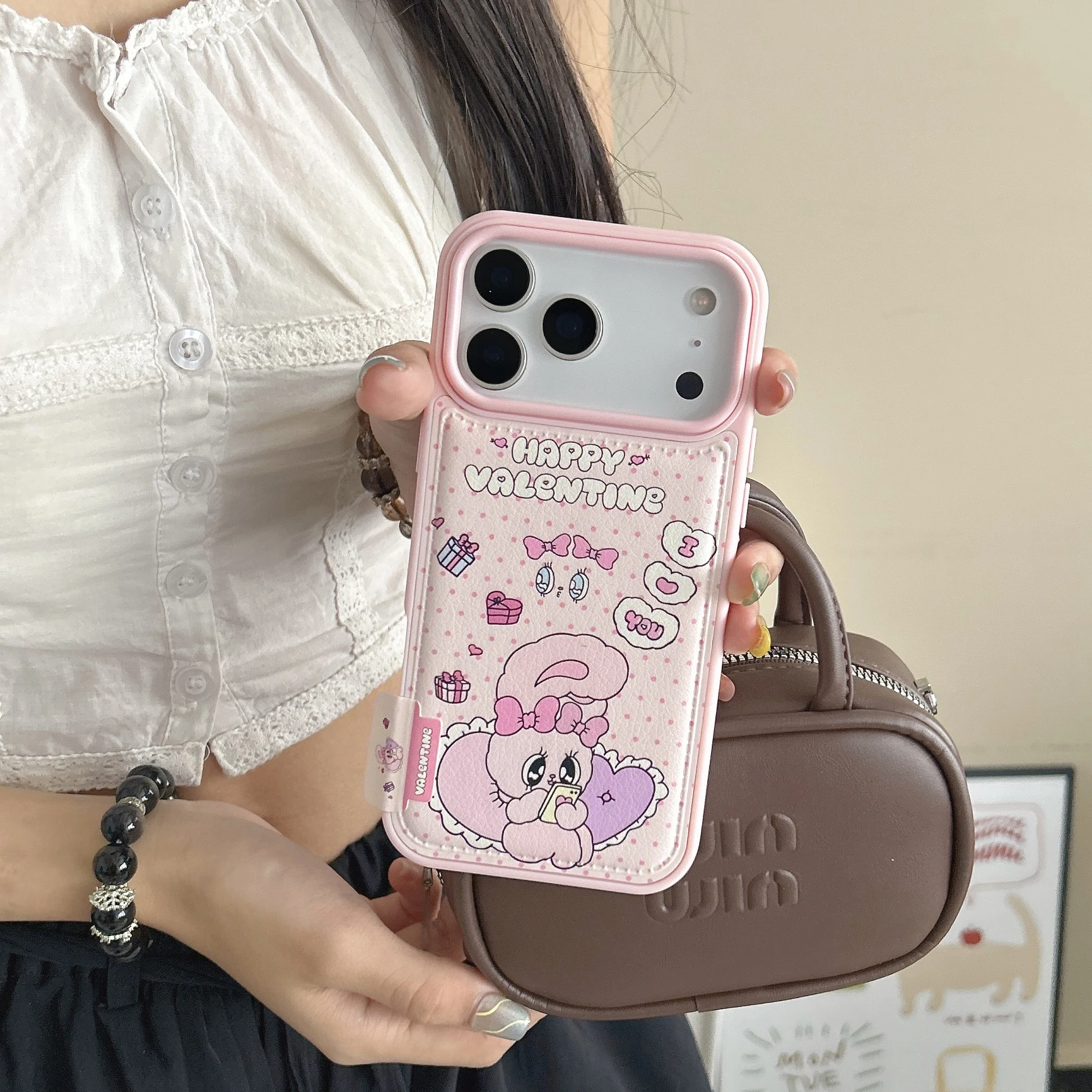 

Korean INS Polka Dot Bow Rabbit Phone Case For iPhone 17 Pro Max 13 16 Pro 14 15 Fundas Fashion Leather Protective Cover Cases