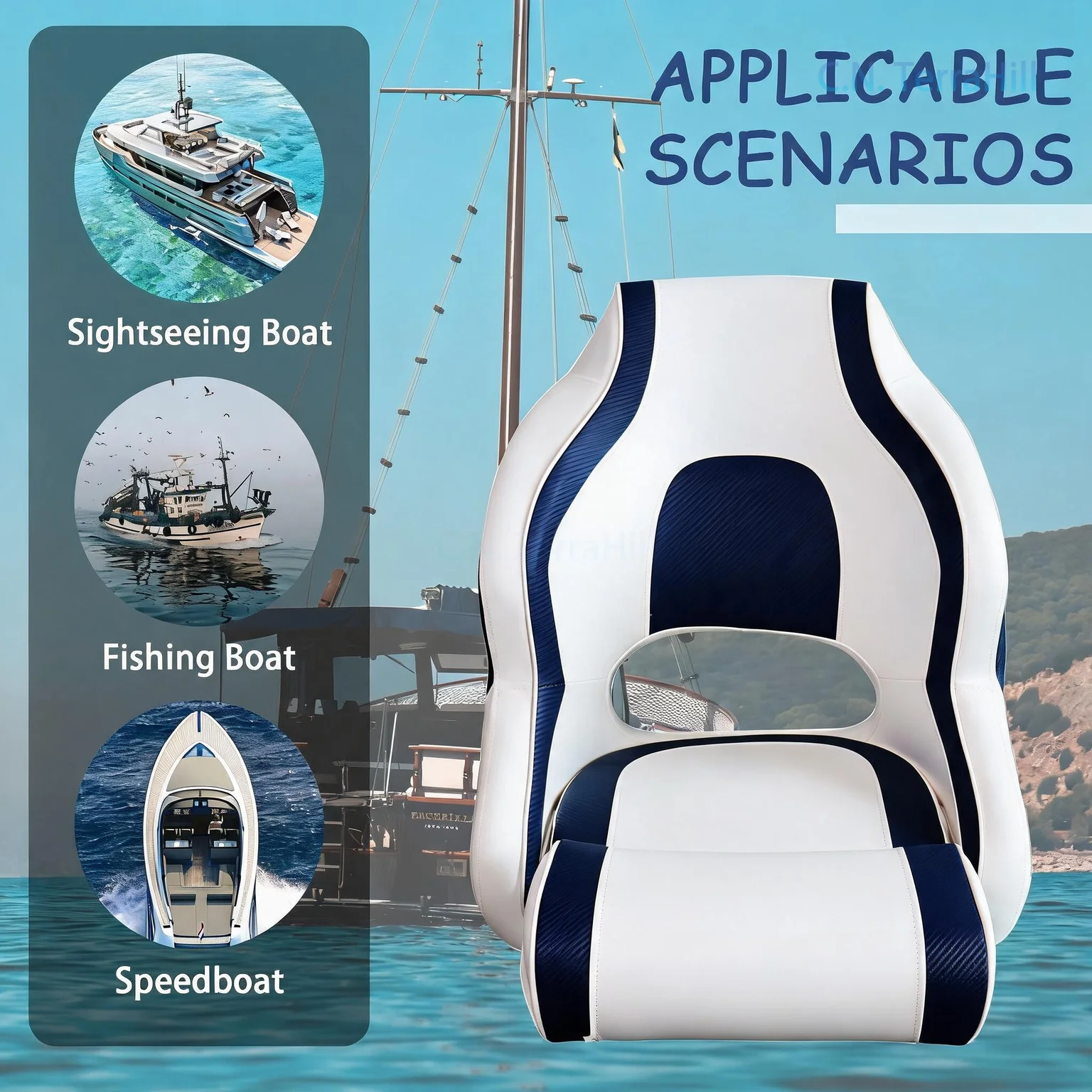 Waterproof PVC Leather Boat Seat with Leg Rest Marine Fishing Chair Deck Boat Replacement Parts Model 86575-6WB