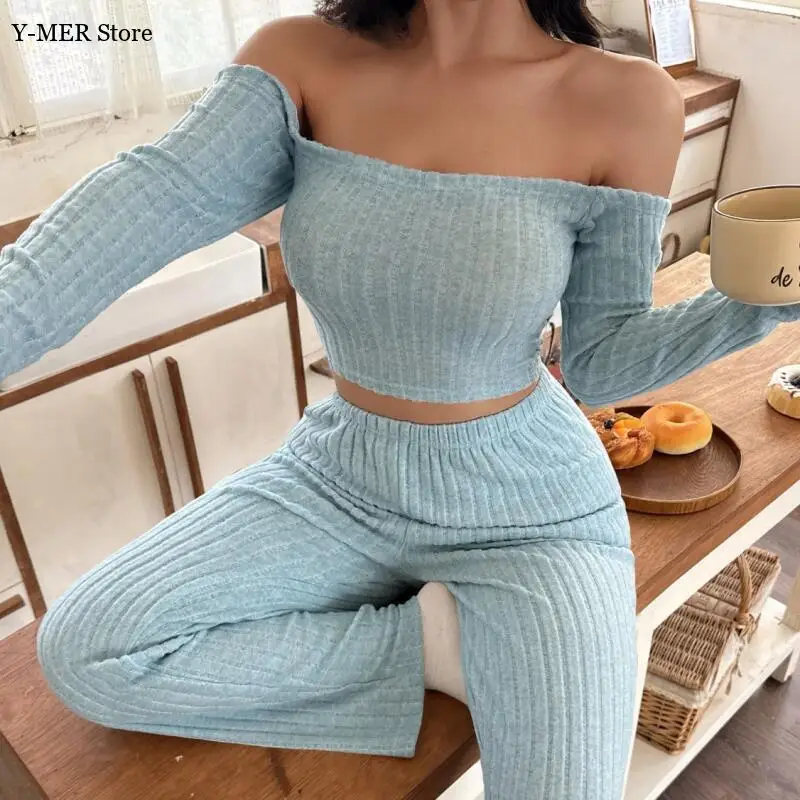 Sexy Off Shoulder Pajamas Set Women Warm Home Clothes Long Sleeve Top Pants Slim Outfit Autumn and Winter Warm Nightwear