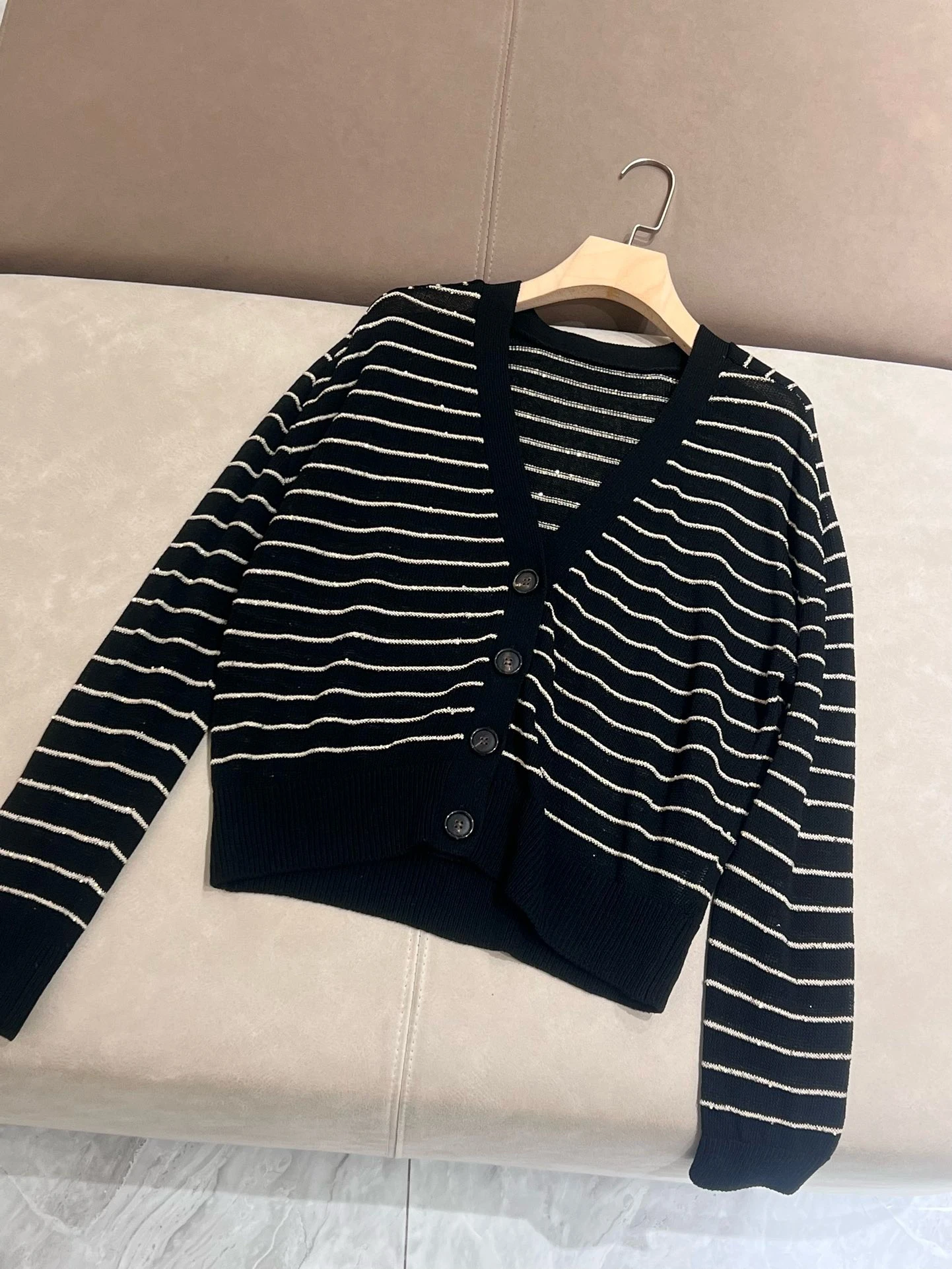 Cardigan in lino a righe con paillettes da donna autunno B * C giacca sottile lavorata a maglia tutto-fiammifero dimagrante allentata