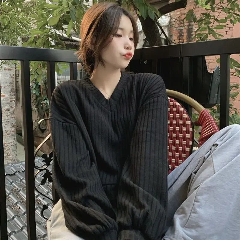 Sweat-shirt rayé pour femmes, ample, col en v, couleur unie, sweat à capuche sans chapeau, décontracté, confortable, haut pull féminin, automne