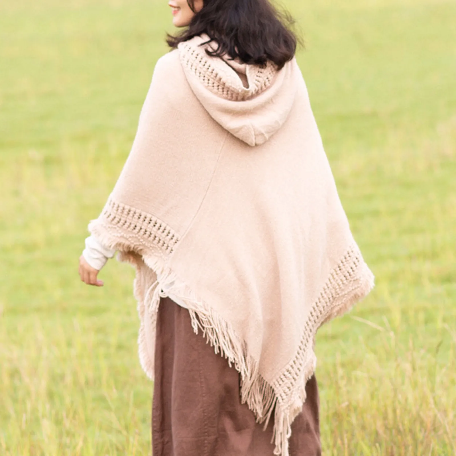 

Autumn And Winter Fashion Cloak Top Shirt Solid Color Hedging Knitted Shawl Cloak With Hood Soft Warm Cloak Top