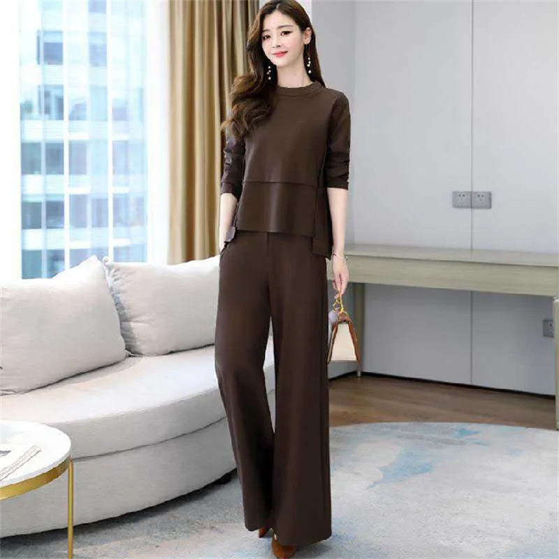 Autumn Age-reducing Slimming Suit 2023 New Everything Belly Covering T-shirt Foreign Style Wide Leg Pants Women\'s Two-piece Set