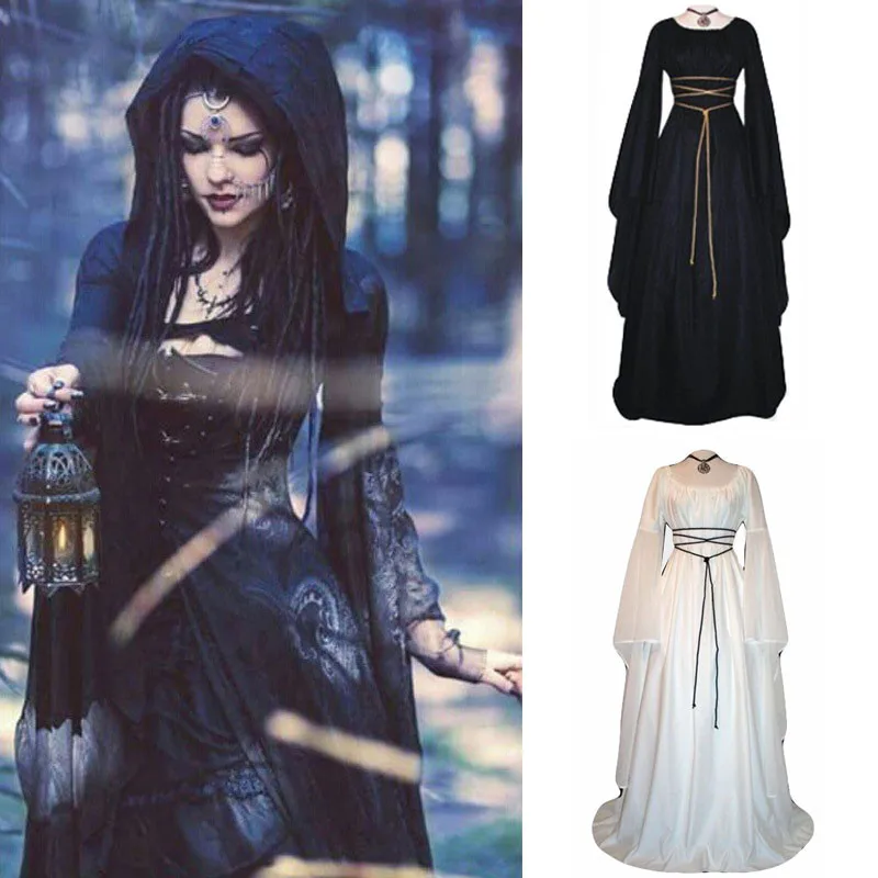 Woman's Dress Halloween Role Play Ball Dress Autumn Winter Medieval Retro Pullover Round Neck Witch Costume Funny Style Clothes