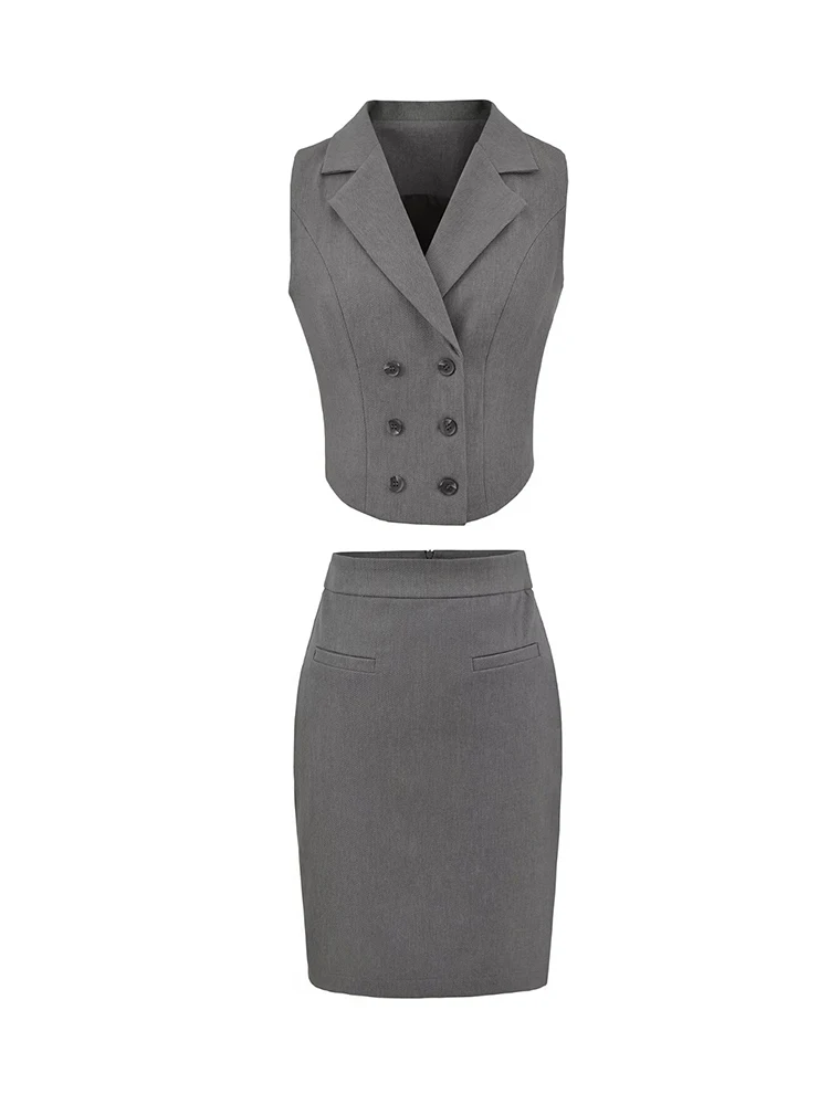 

Женский двубортный пиджак без рукавов с юбками, одинаковые комплекты, офисный женский серый комплект из 2 предметов