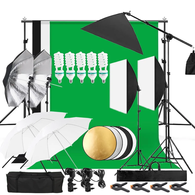 2x3M Backdrop Background Stand Kit Softbox Bulb Light Umbrella Reflector Set Photographic Lighting Equipment