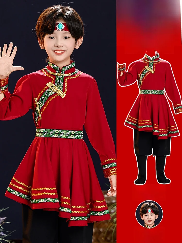 

Mongolian Ethnic Dance Performance Clothes for Boys Children's White National Costume Prairie Robe Chopstis Dance App...