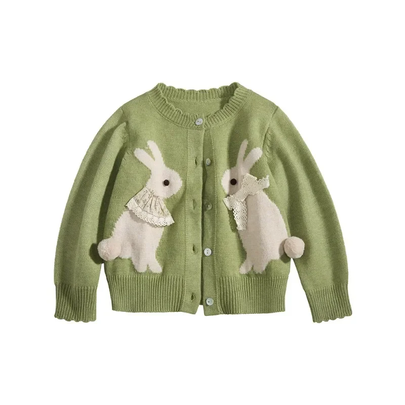 OLEKID Kinder Mädchen Gestrickter Jacquard-Cardigan Herbst 2-8 Jahre Mädchen Kaninchen-Spitzenpullover Mantel Kleinkind Mädchen Blumen-Strickwaren – Detail 6