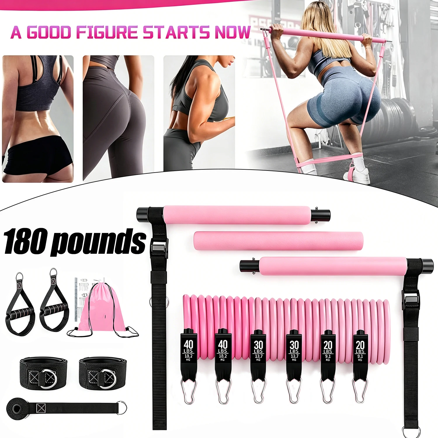 18-teiliges Pilates-Widerstandsband-Set, verstellbare Pilates-Stange mit Schraubverbindung, 6 Stück Widerstandsschläuche (9,1 kg/13,6 kg/18,2 kg), rutschfeste Schaumstoffgriffe, Türanker,