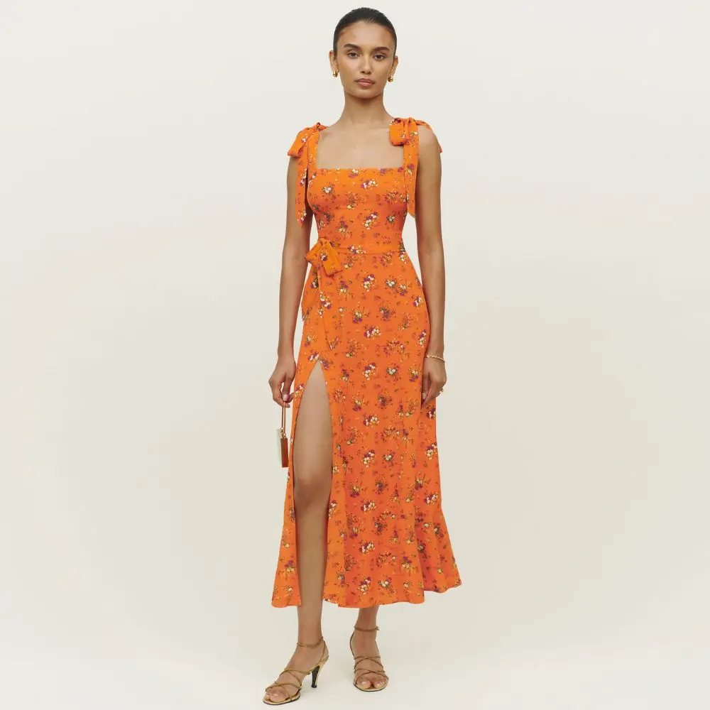 Neckholder-Träger Blumen kleid ärmelloses lässiges High-Slit-Damen-Midi kleid Sommer sexy Riemen Schlitz kleid Vierkant-Schnür kleid