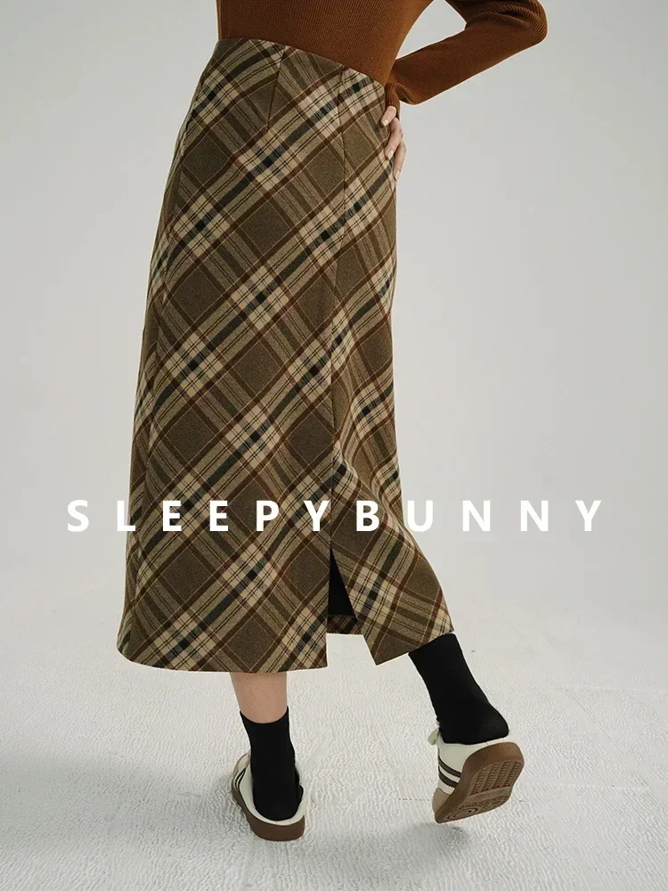 Autumn Winter Women Plaid Wool-Like Skirt High-Waisted Slim Fit Retro American Style Pencil Midi Skirt Elegant and Chic Bottom