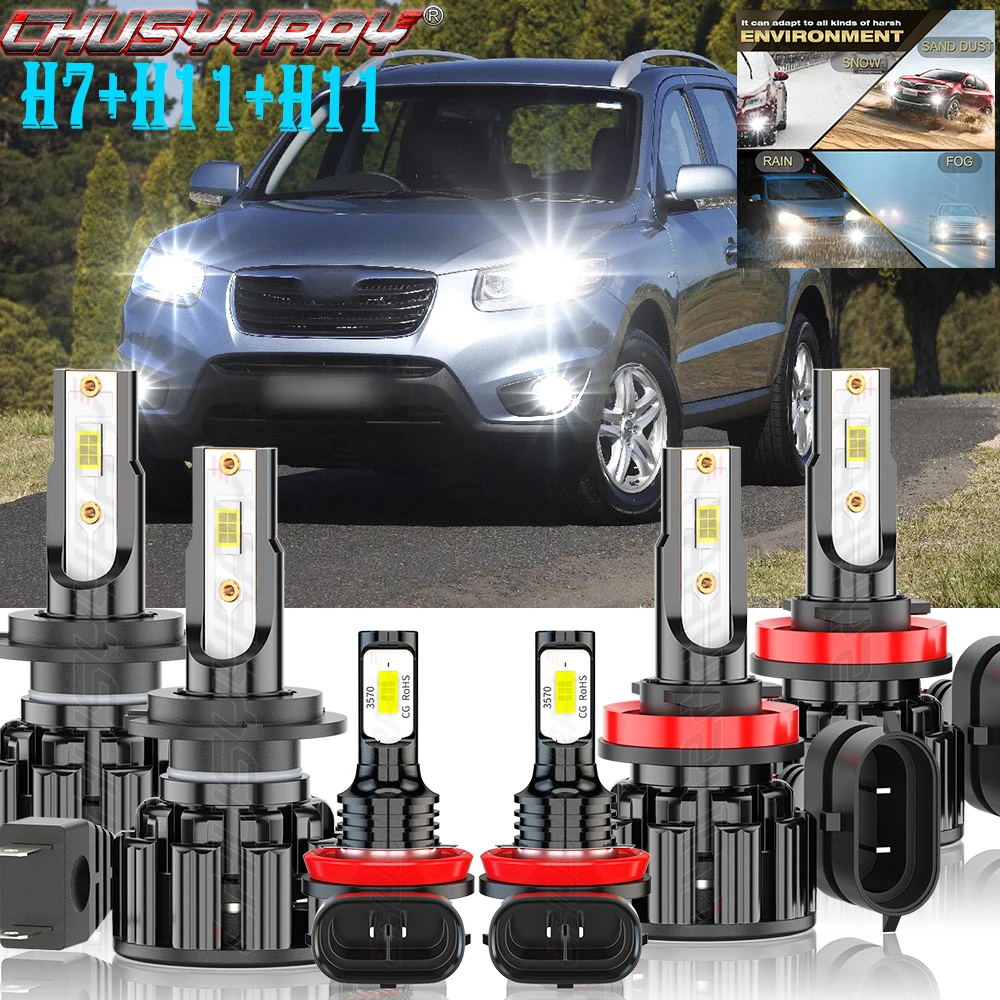 CHUSYYRAY Compatible For Hyundai Santa Fe Sport 2013-2016 6X Combo LED Headlights High /Low Beam+Fog Light Bulbs Kit H7+H11+H11