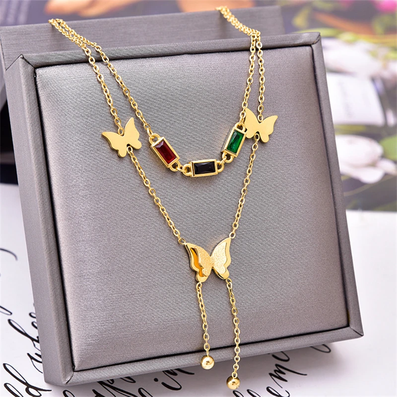 316L Stainless Steel New Fashion Fine Jewelry Set Colorful Zircon Butterfly Charm Chain Necklaces Bracelets Earrings For Women