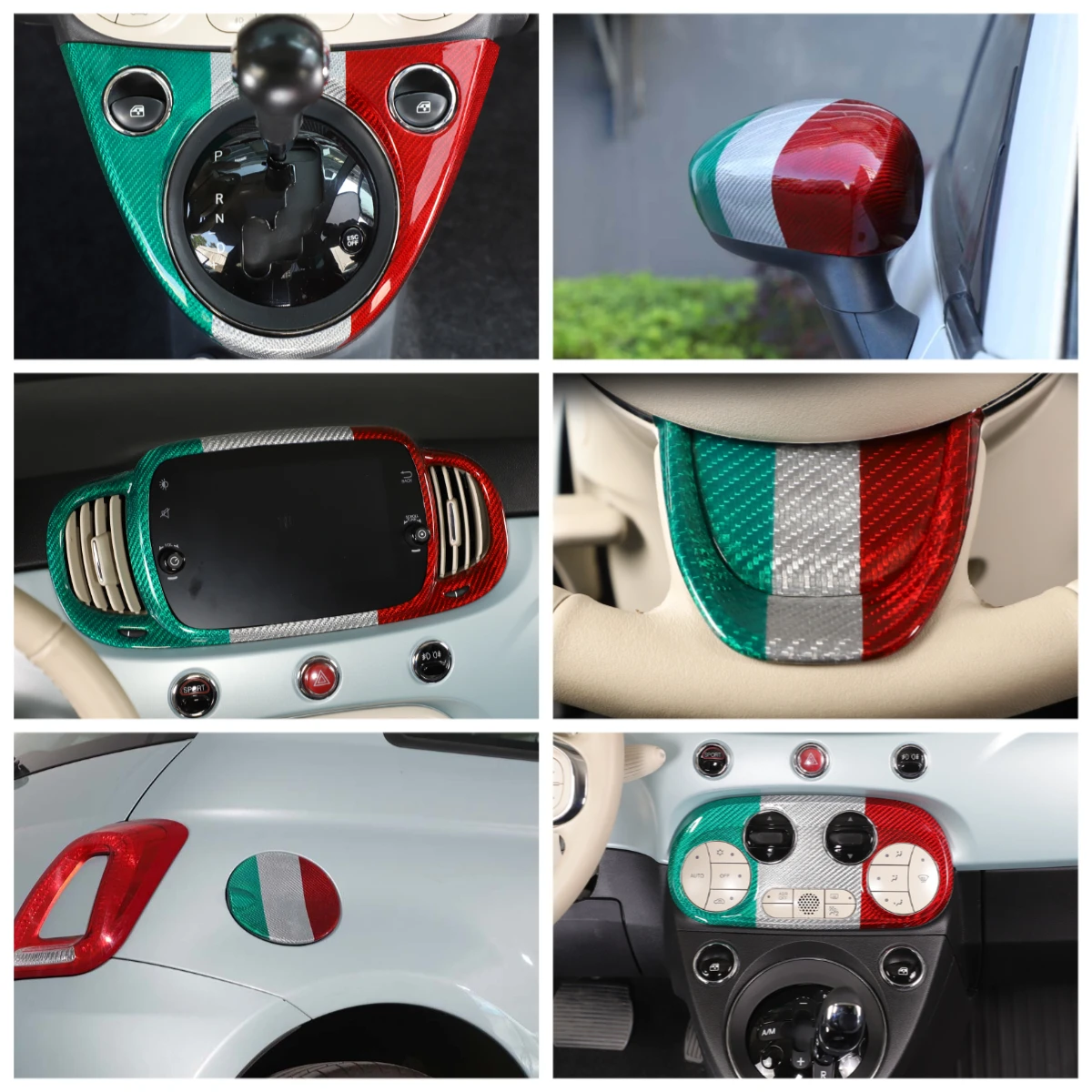 

Fit For Abarth 595 For Fiat 500 Tricolor Steering Cover Central control outlet Sticker Rearview mirror cover Fuel tank cap Trim