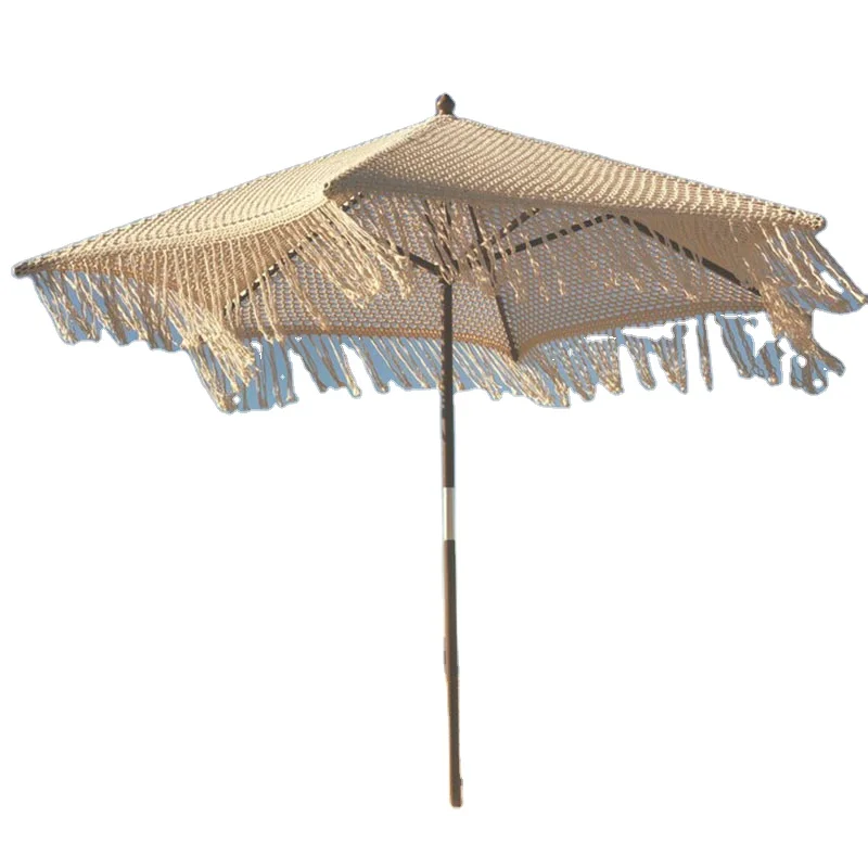Outdoor Garden Decoration Hollow Sun Umbrella with Adjustable Wooden Frame Fringed Weaving Beach Courtyard Center Pole Umbrella