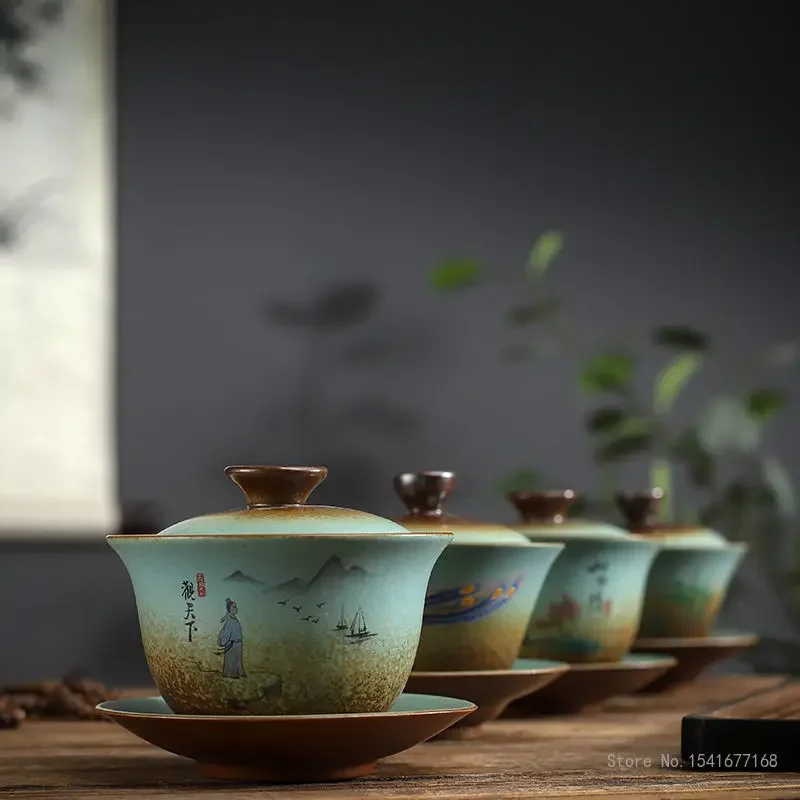 

Creative Chaishao Kiln Glazed Three Talent Covered Bowls, Vintage Ceramic Household Chinese Kung Fu Tea Set Brewing Tea Bowl 1Pc