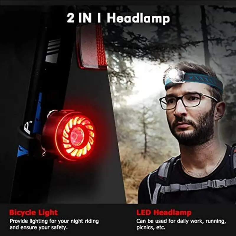 Multipurpose Headlamp Rechargeable Waterproof Headlamp with Warning Tail Light Red Leds Dual Light Source Bicycle Light