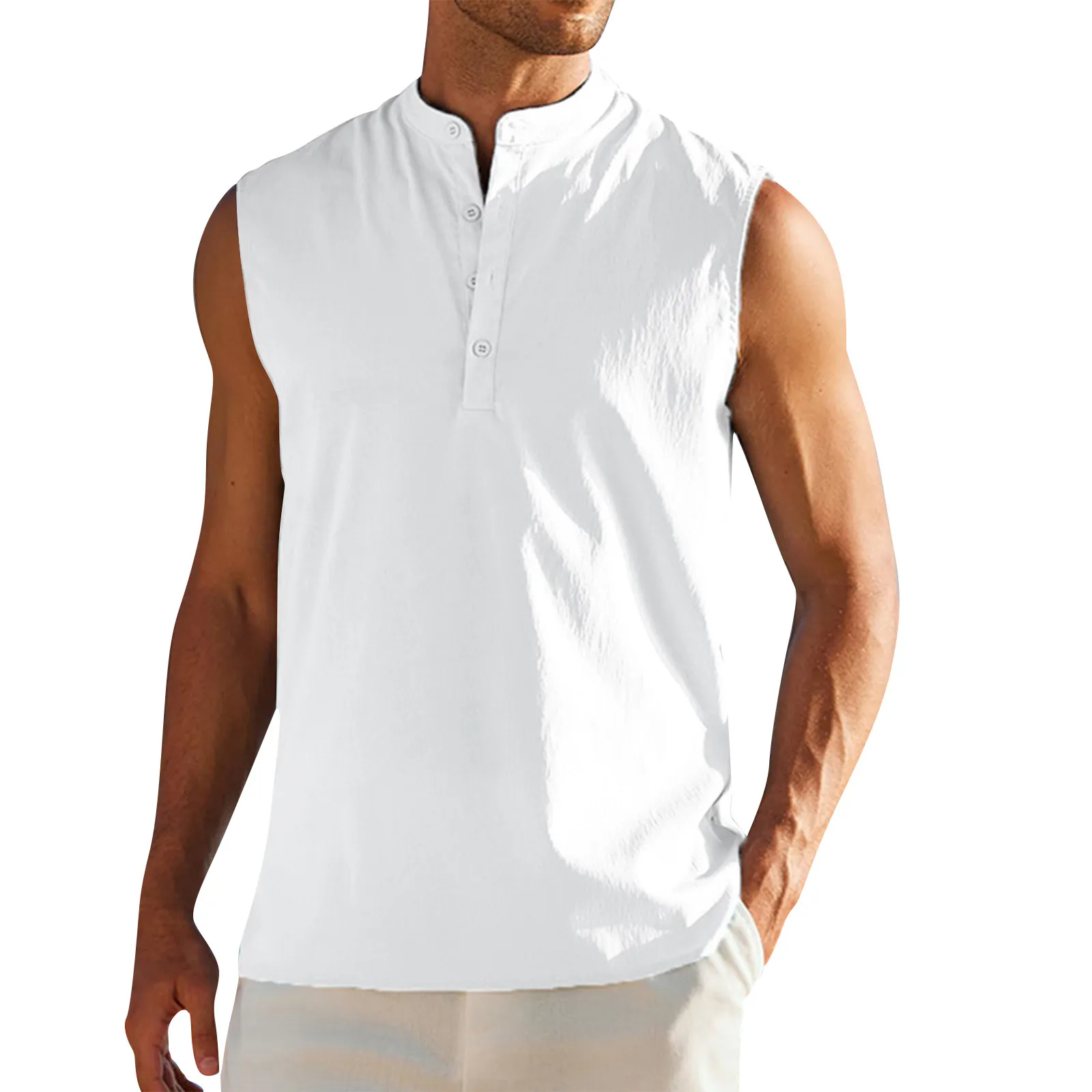 Colete esportivo sem mangas dos homens semi-aberto com botões, camisa de assentamento sólido, tops casuais ao ar livre, todo o jogo, novo