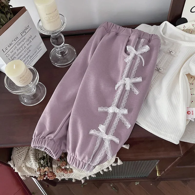 Sweet Baggy Sweatpants Girl Childrens Trousers 2024 Autumn New Products Bow Lace Pants Comfortable and Casual image 4