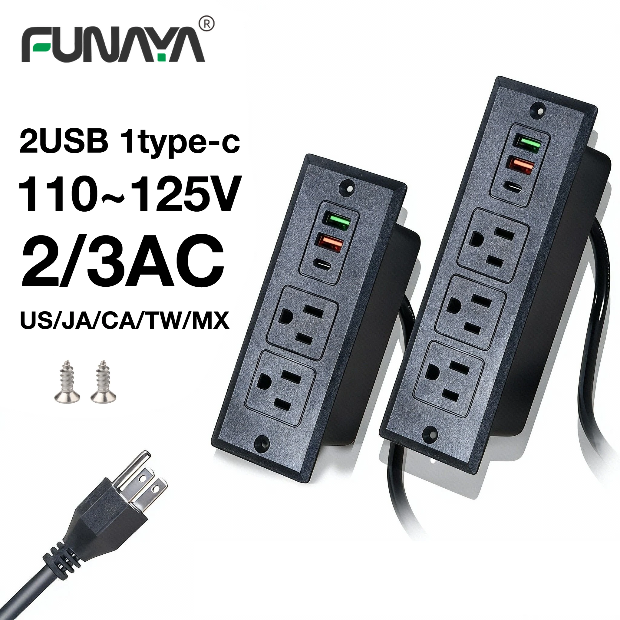 

FUNAYA Table Built-in Countertop US Socket with 2usb Type-c Furniture 2 3 Plug Electric Power Recessed Outlets for Office AC110V