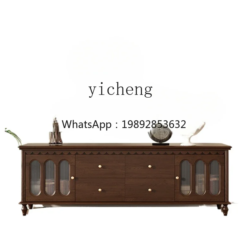 TV Cabinet and Tea Table Complex Combination Ancient Solid Wood High Living Room Storage Cabinet Walnut