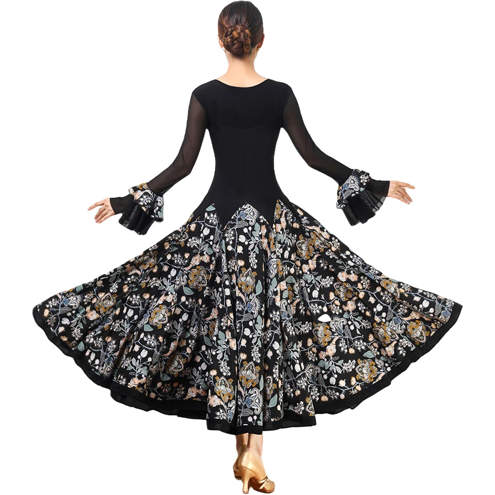 Abito da competizione per valzer da sala a maniche lunghe Costume di scena nero Gonna da flamenco con stampa di danza moderna sottile Standard