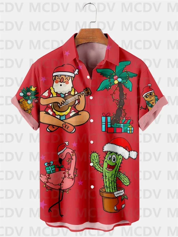 Men's Christmas Fashion Casual Santa Claus Cactus Print Shirt Casual Button Shirt Men's Hawaiian Shirt