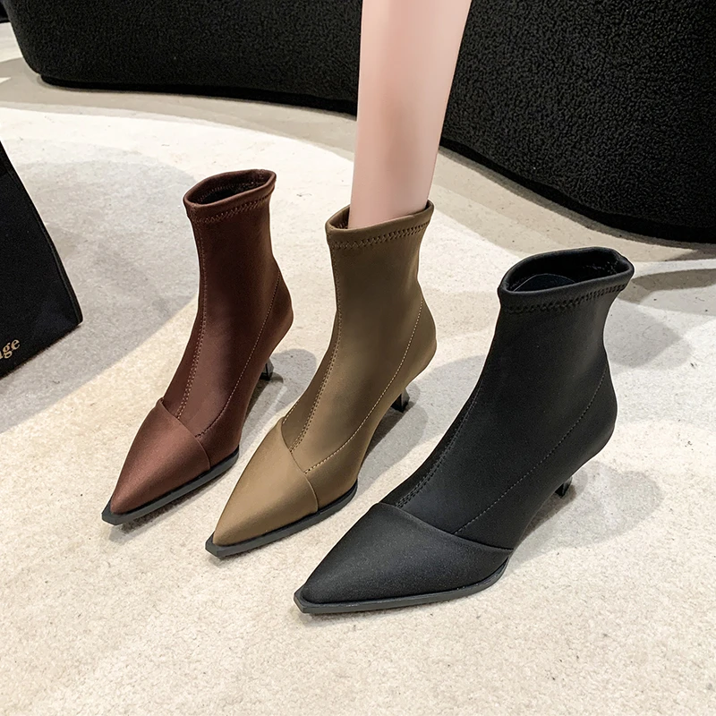 New Satin Pointed Toe Short Boots Women Thin Heel Stretch Sock Boots Elegant Ladies Fashion High Heels Pumps Female Ankle Boots