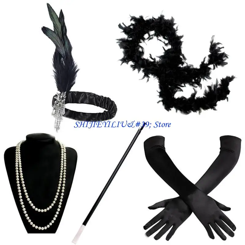 

E21F Женский костюм-хлопушка, аксессуары, головной убор, ожерелье, шарф для тематической вечеринки 1920-х годов