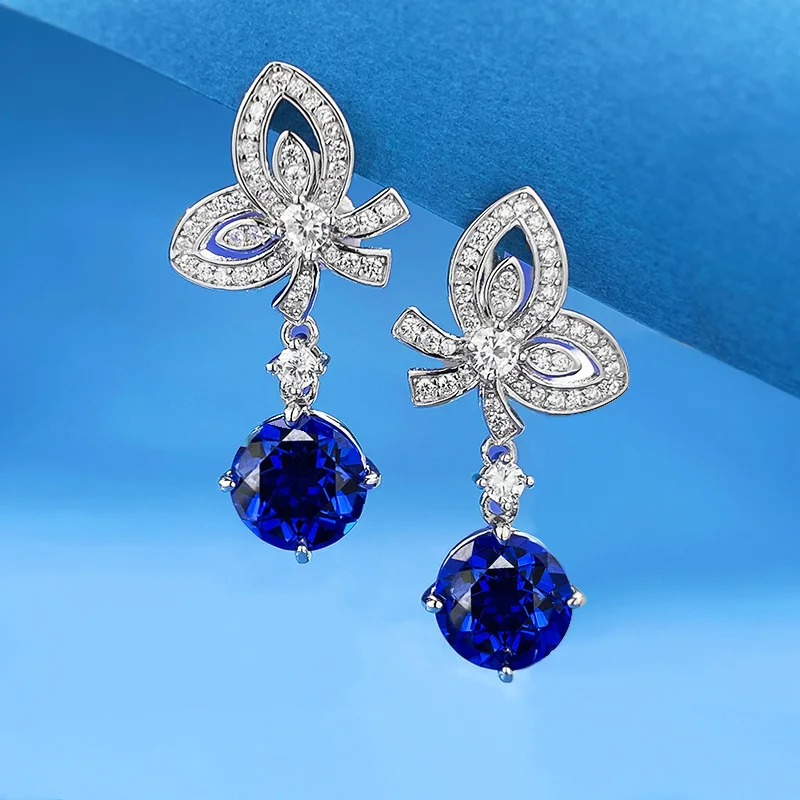 

S925 Silver 8.0 Tanzanite Earstuds Bow Sea Blue Treasure Earrings Simple and Versatile Women's Style, Small and Popular