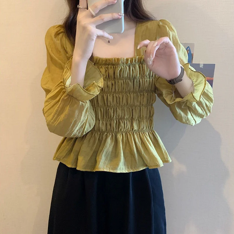 

Square Pleated Chiffon Top 2023 Retro Shirt for Women Blusas Clothes for Women Tops Shirts Blouses