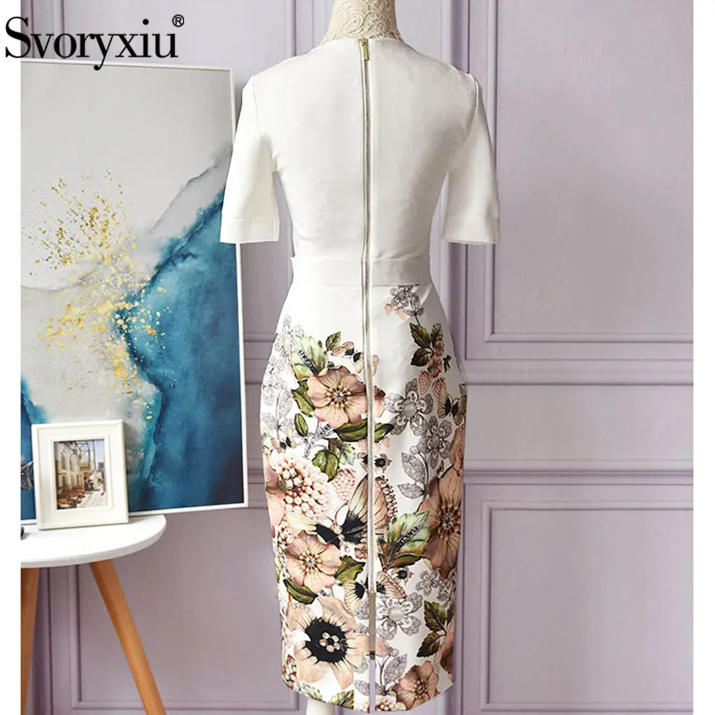 Svoryxiu Designer Fashion Summer Dresses Women's Short Sleeve Butterfly Pearl Printing Elegant Office Lady Dress Vestdios